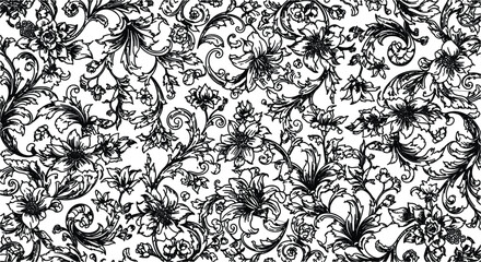 Seamless black and white floral pattern featuring a vintage damask ornament with ornate swirls and nature inspired leaf illustrations for a retro textile wallpaper design © Meshkat