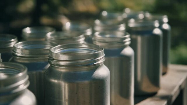 A professional video of multiple empty metal jars arranged in a straight line beneath direct