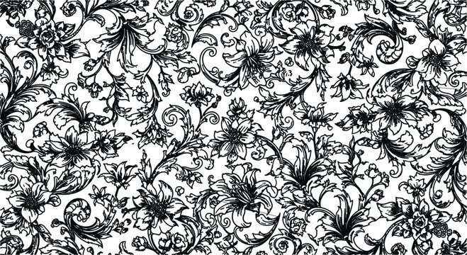 Seamless black and white floral pattern featuring a vintage damask ornament with ornate swirls and nature inspired leaf illustrations for a retro textile wallpaper design
