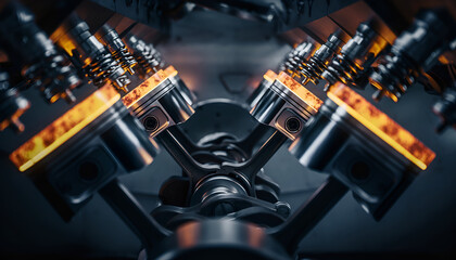 Naklejka premium Close-up of a V8 Engines Pistons Firing with Intense Heat and Power.