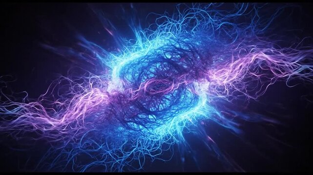 Vibrant blue and purple lightning-like energy swirling in a dark background. Perfect for presentations, science visualizations, and technology graphics.