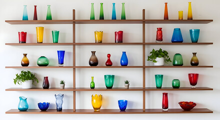 Fototapeta premium Colorful glass vases and bowls displayed on wooden shelves against a white wall, creating a vibrant and artistic arrangement in a modern home decor setting.