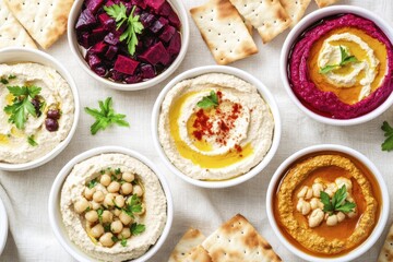 Assorted hummus dips and crackers with colorful toppings on white tablecloth