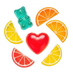 Colorful arrangement of fruit slices and gummy candies isolated on transparent background