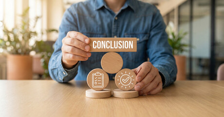 project conclusion concept blocks, conclusion report checklist icon, final results approval concept, conclusion analysis summary sign