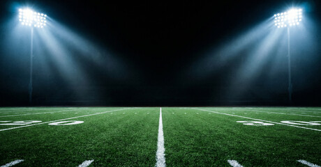 empty football field at night, stadium floodlights on sports field, american football turf yard lines, night game field with copyspace