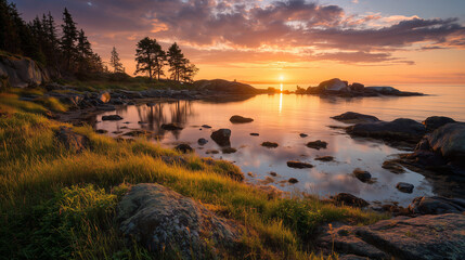 Sunset Landscape with River Reflection