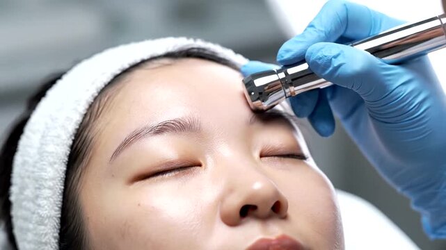 Woman receiving facial treatment with device.