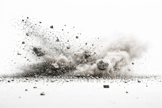 AI generated ,ground level explosion with rocks debris and dust blasting sideways across clean white background conveying impact power destruction motion and sudden change with copy space