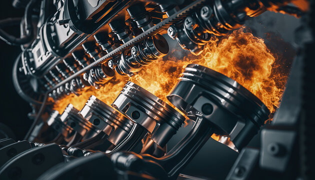 Close-up of a powerful V8 engine with pistons and flames.