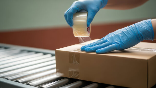 Worker in protective gloves carefully sealing cardboard box with tape on conveyor belt in warehouse packaging line ensuring secure shipment and efficient logistics