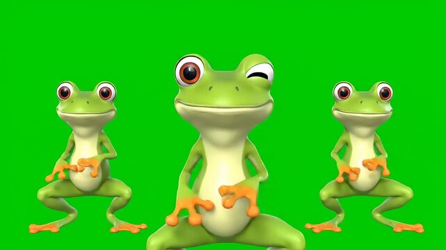 Three animated green frogs, one playfully winking, strike lively and cheerful poses on a vibrant green screen, perfect for fun and engaging creative projects or educational content