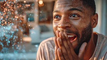 Portrait of expressive man looking amazed with hand on face, conveying excitement, astonishment and positive emotion in modern lifestyle setting with soft light and shallow depth.