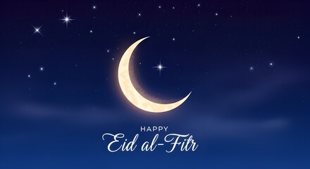 Naklejka premium Crescent moon shining brightly in the starry night sky celebrating Eid al-Fitr with festive stars surrounding it