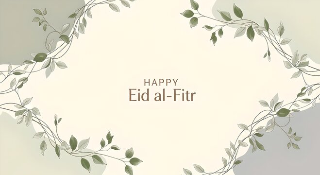 Eid al-Fitr celebration illustration with floral wreath and leaves on a soft gradient background from a centered viewpoint