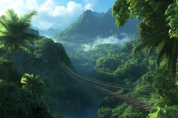 Fototapeta premium Tranquil jungle landscape with hanging rope bridge and misty mountains