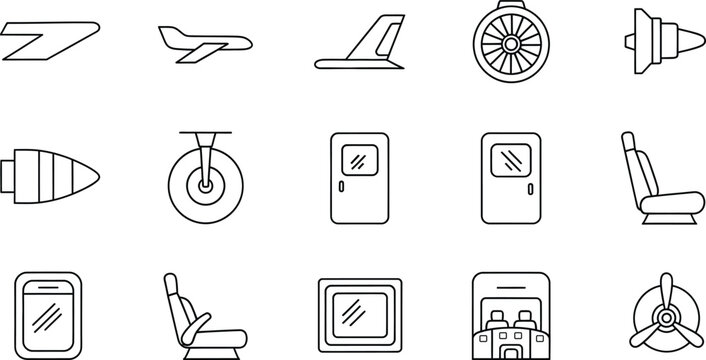 Simple line art icons representing various components and elements of an airplane