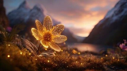 Glowing Golden Flower Against Sunset Mountain Landscape