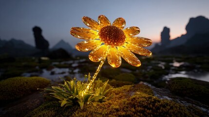 Glowing Golden Crystal Flower In Mountain Landscape
