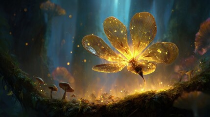 Golden Glowing Flower In Magical Forest