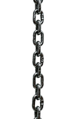 Obraz premium Shiny metal chain with oval links dangling against a black background