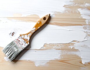Paintbrush on partially painted wood surface, close-up view