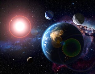 Vibrant depiction of a planet, moons, a bright sun, and a nebula
