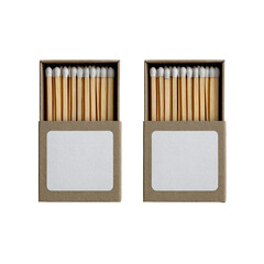 Two matchboxes, open, full of matches, centered, blank labels, high angle