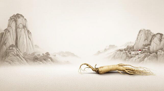 Ginseng root beside ancient Chinese landscape painting on light gray to white gradient background, soft lighting professional still life