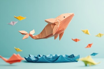 Orange paper origami whale gracefully leaps above minimalist blue paper waves, surrounded by colorful abstract flying fish, symbolizing freedom and imagination in clean light teal studio background.