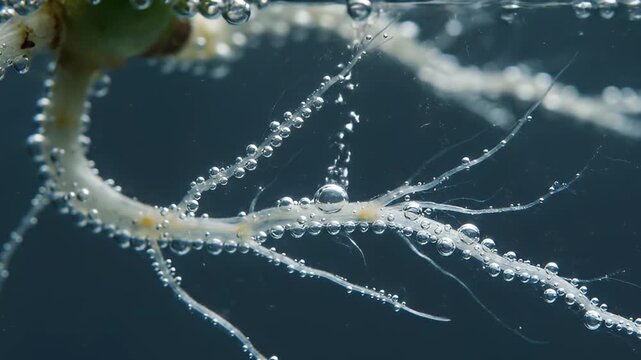 Macro Detail of Plant Roots Absorbing Oxygen Bubbles in Water