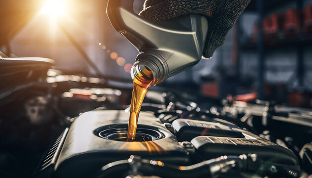 Car engine oil change service with technician pouring fresh oil.
