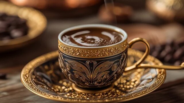 Ornate gold cup of Turkish coffee on a matching saucer with rich foam, shown in a warm close up scene