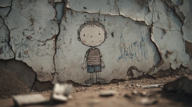 Child's drawing on damaged wall shows lost normality in a forgotten space