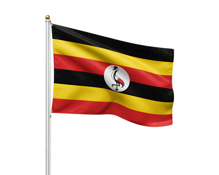 Waving Ugandan flag proudly displays national pride on a flagpole against a transparent background, perfect for patriotic displays.