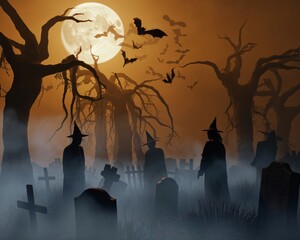 Silhouettes of witches stand among ancient tombstones in a foggy graveyard under the light of a full moon. Bats fly through the gnarled, leafless trees,  