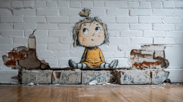 Child draws on broken wall, expressing lost normality in a damaged space, reflecting innocence in harsh surroundings