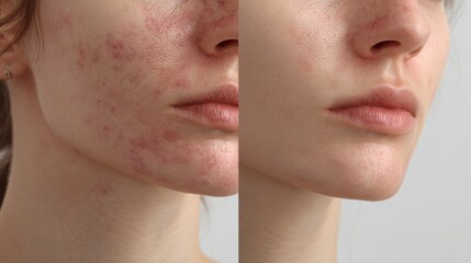 Obraz premium Close-up view of skin showing peeling and pimples on one side and smooth skin on the other side, focusing on the facial features of a woman