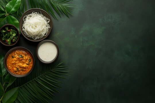 Traditional sri lankan breakfast with string hoppers and curry on a green background