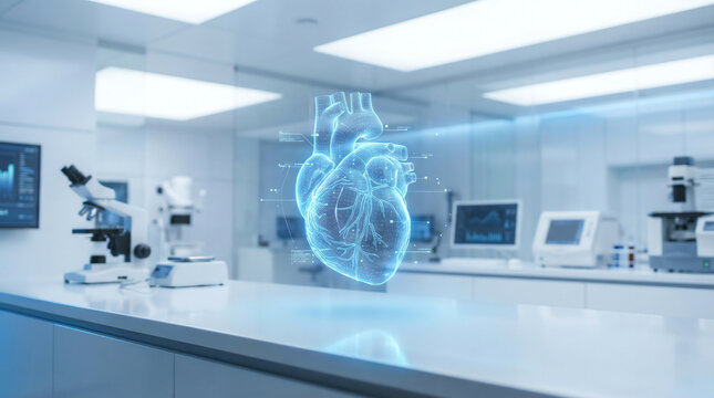 Holographic 3D human heart projection in modern medical research laboratory with data visualization