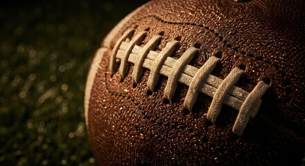 A cinematic close-up of a textured American football covered in water droplets on a grass field. Highlights the leather detail and laces, perfect for sports and game day themes.