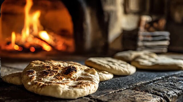 Freshly baked flatbreads in front of a rustic oven with glowing embers