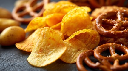 close-up of snacks, potato chips and pretzels