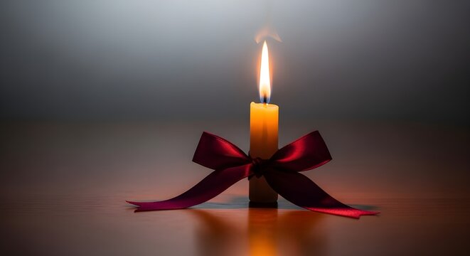 urning Candle with Burgundy Ribbon on Table for World Cancer Day Awareness and Hope