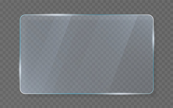 Glass panel on transparent background. Clean rectangle window with reflection. Rounded transparent element for ui design. Modern interface template. Realistic glass plate. Vector illustration.