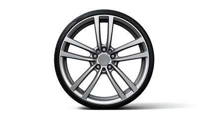 Obraz premium Isolated image of a car tire and wheel with a silver design, set against a clean white background