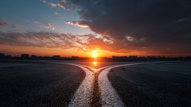 World at a crossroads with empty road splitting into two paths at sunset