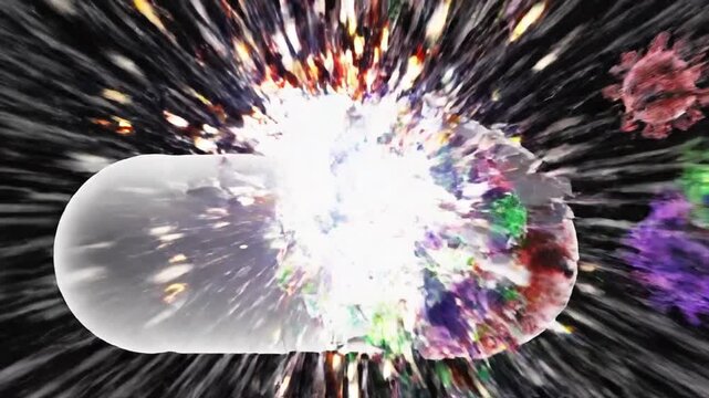 Microscopic 3D visualization of antimicrobial resistance showing antibiotic resistant germs, virus pathogens and bacteria cells representing deadly mutation within a medical science infection.