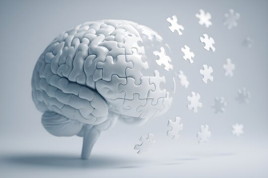 Intricate human brain made of white puzzle pieces dispersing into air. Conceptual 3D render of consciousness, memory loss, and mental health on a clean, minimalist background.
