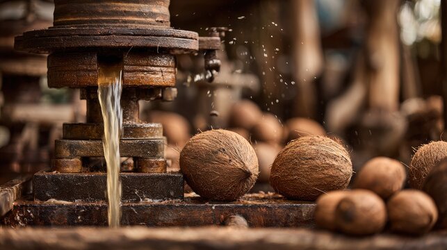 Mechanical oil press crushing dried copra fresh coconut oil on blurred background